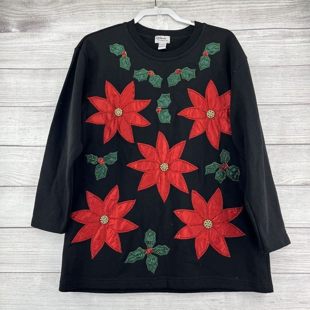 Vgt Women’s Sweatshirt Poinsettia Beaded‎ Christmas Ugly Sweater Sz L